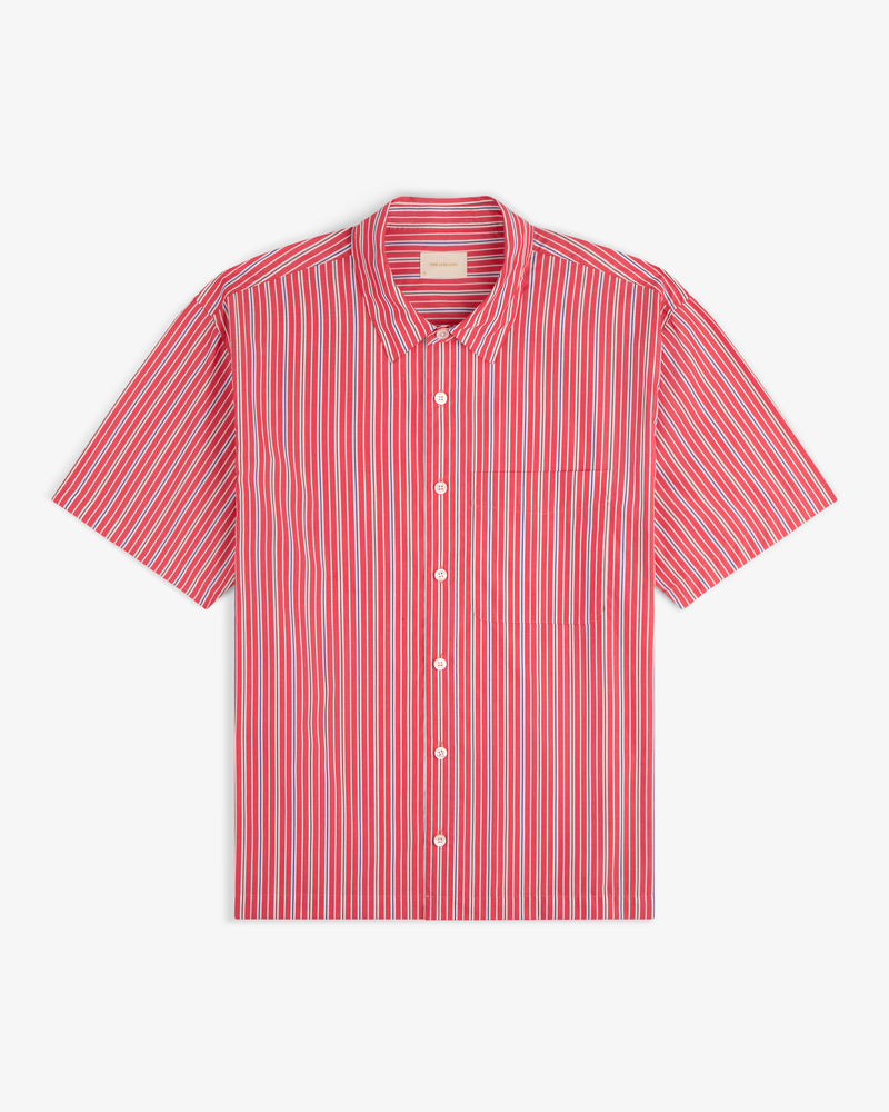 Yarn Dyed Striped Shirt in red and white with short sleeves, button-up front, and front pocket, laid flat on white.