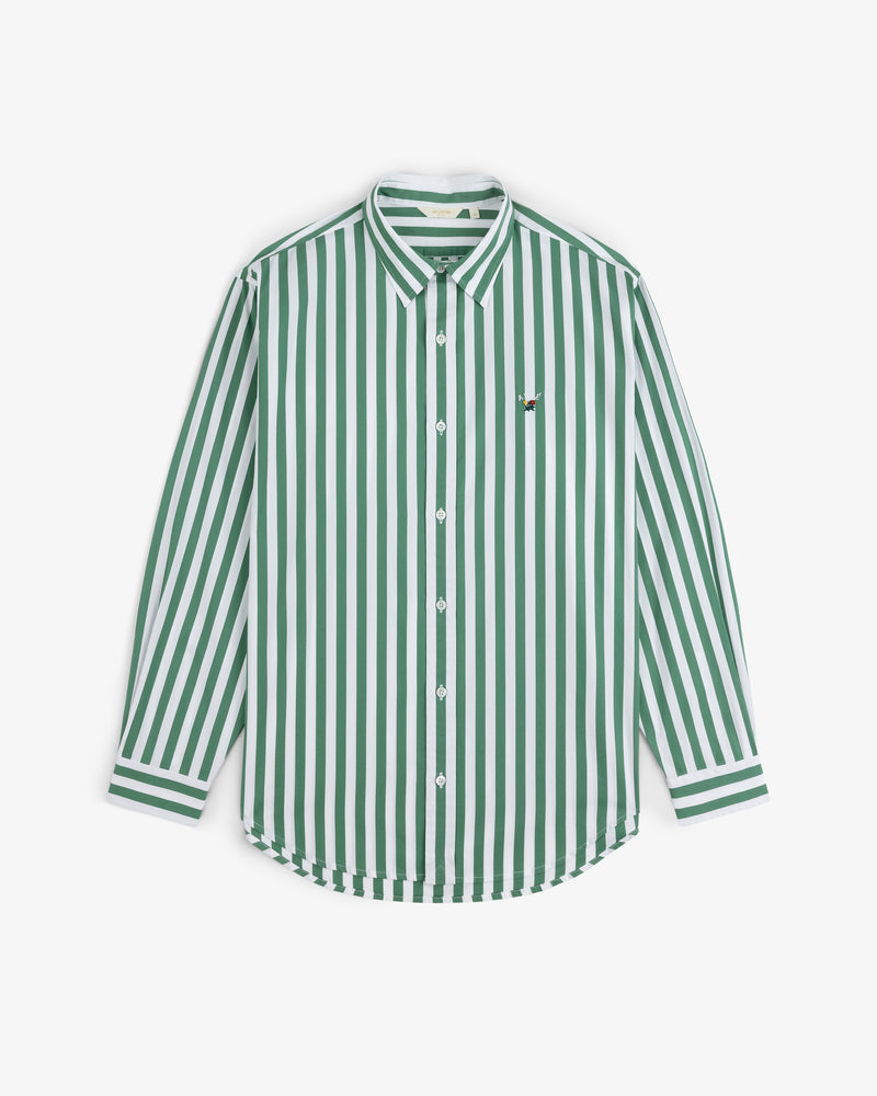 Striped Leon Overshirt: green/white vertical stripes, long-sleeve, button-up, with a small chest logo.