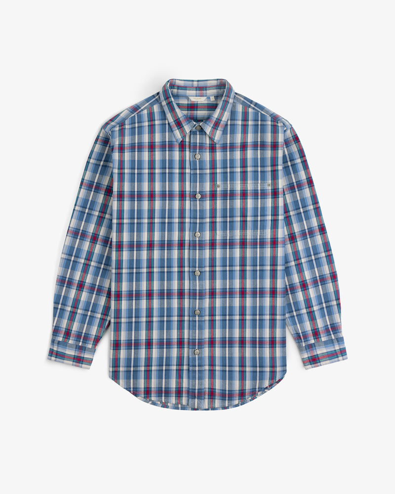 Plaid Work Shirt in blue, white, and red plaid pattern laid flat on a white background.