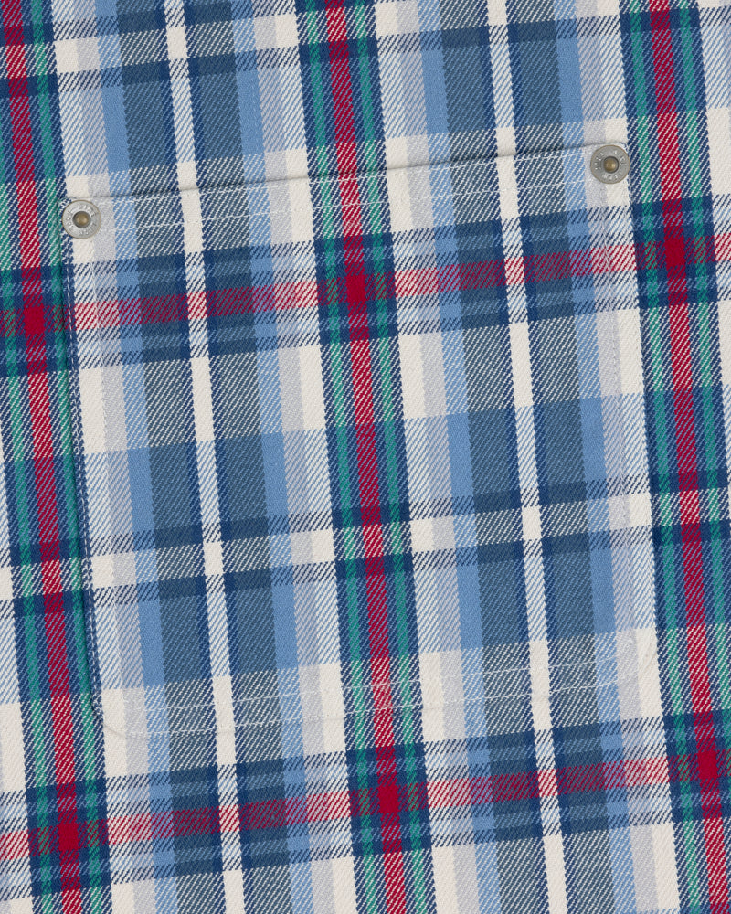 Blue, white, and red Plaid Work Shirt with two metal snaps on the pocket.