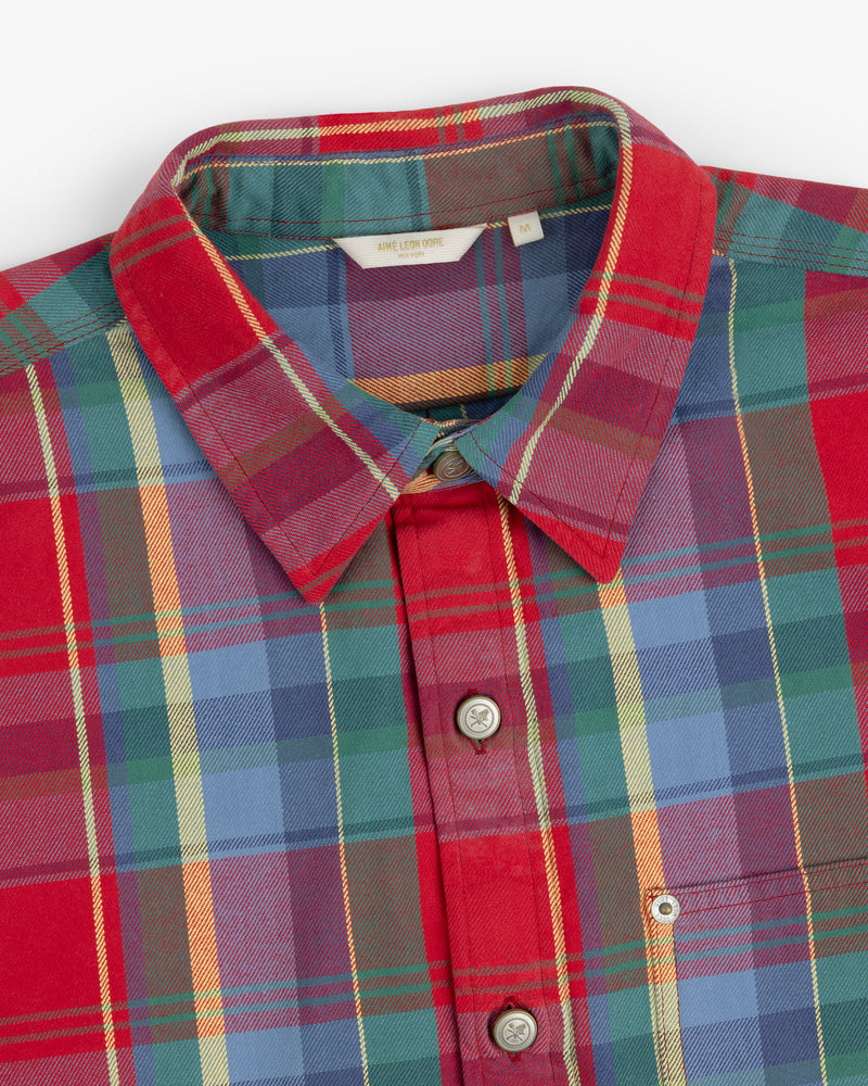 Plaid Work Shirt in red, blue, and green with collar and chest pocket, shown from the top front view.