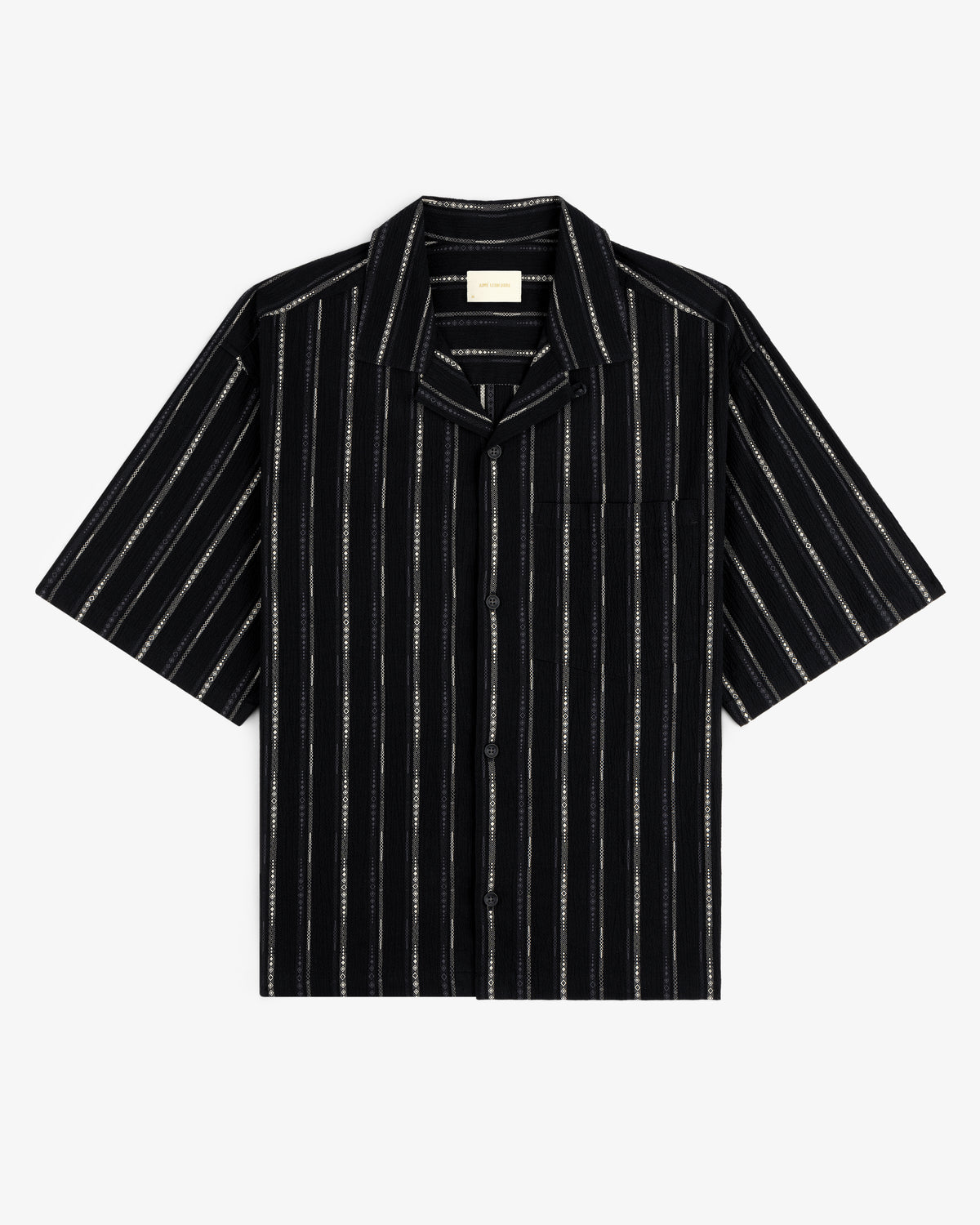 Cropped Jacquard Camp Shirt in black with vertical white stripes and a chest pocket, laid flat on white background.