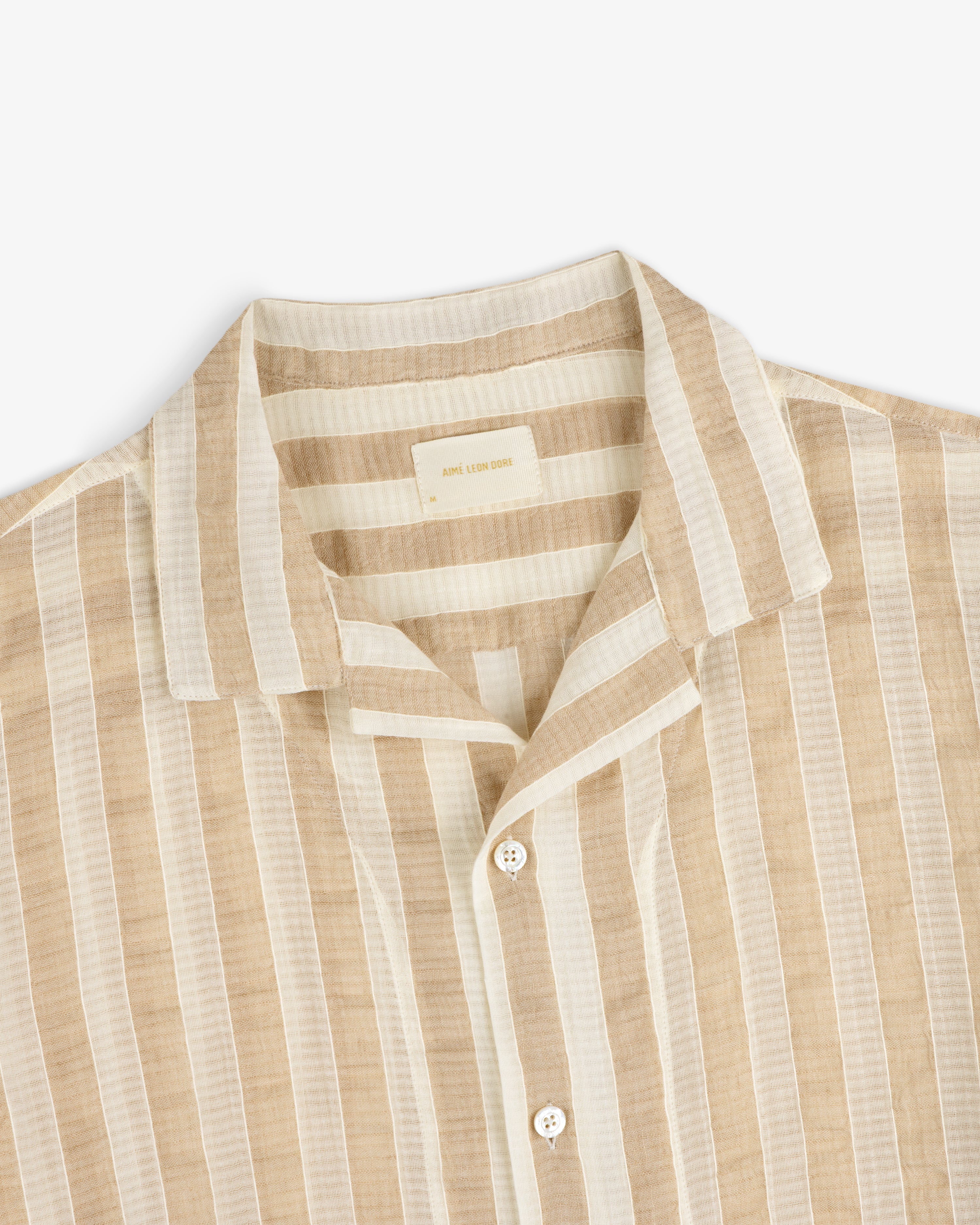Linen Blend Striped Camp Shirt in beige and white with short sleeves and a collar, laid flat on white background.