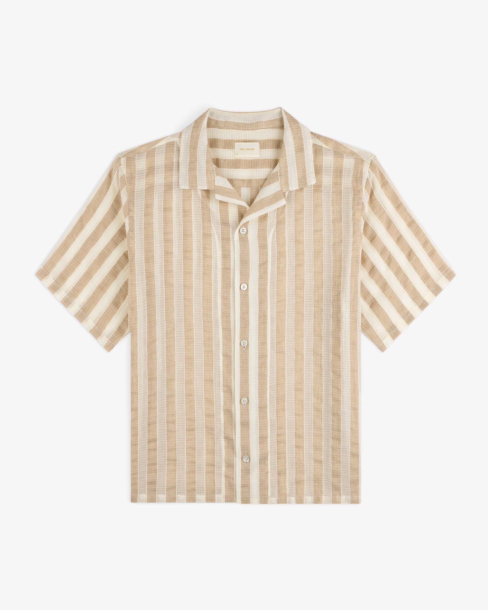 Linen Blend Striped Camp Shirt in beige and white with short sleeves, spread collar, and front pocket.
