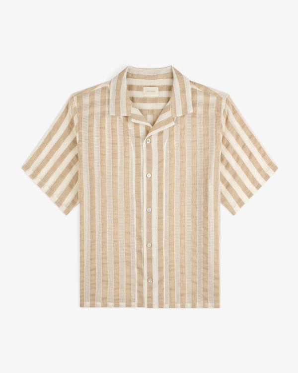 Linen Blend Striped Camp Shirt in beige and white with short sleeves, spread collar, and front pocket.