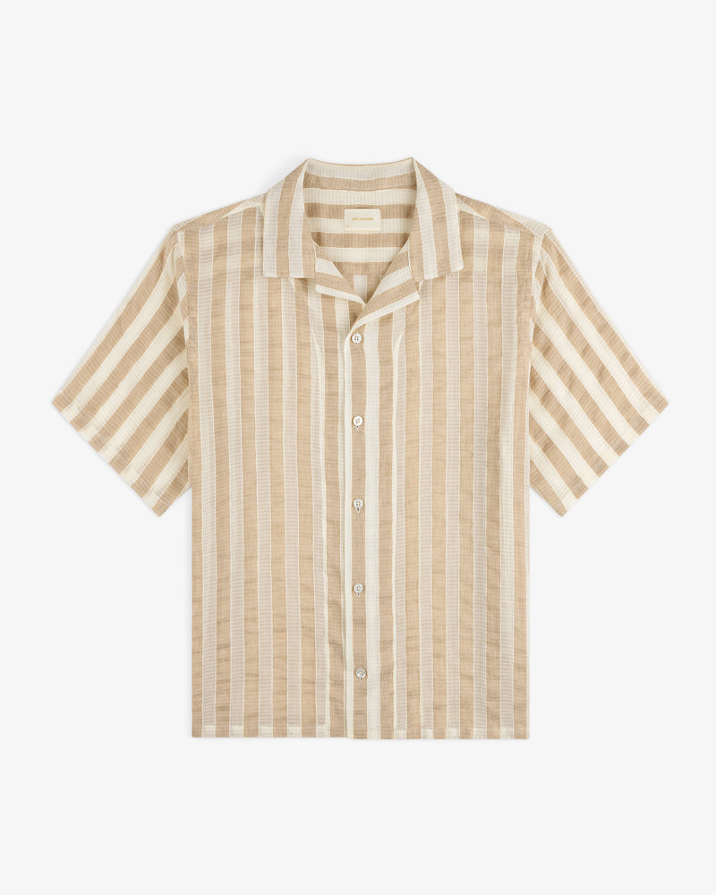 Linen Blend Striped Camp Shirt in beige and white with short sleeves, spread collar, and front pocket.