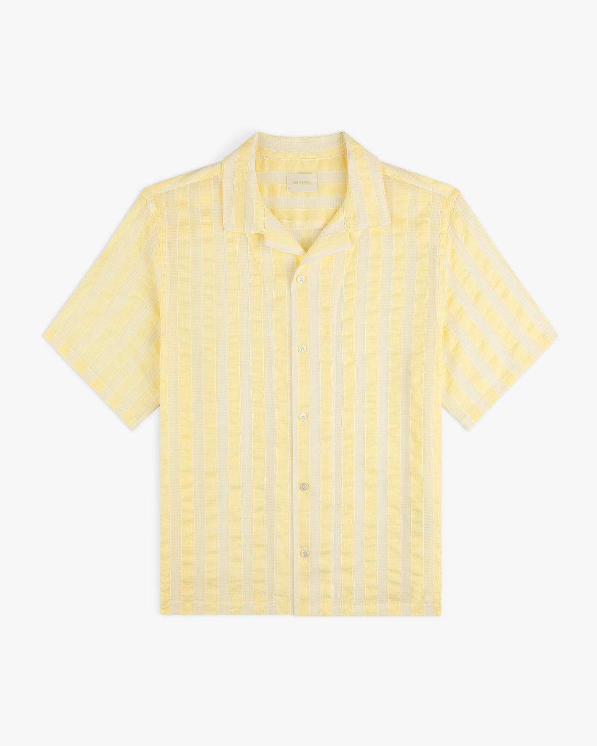 Linen Blend Striped Camp Shirt in yellow with short sleeves and buttons, shown flat on a white background.