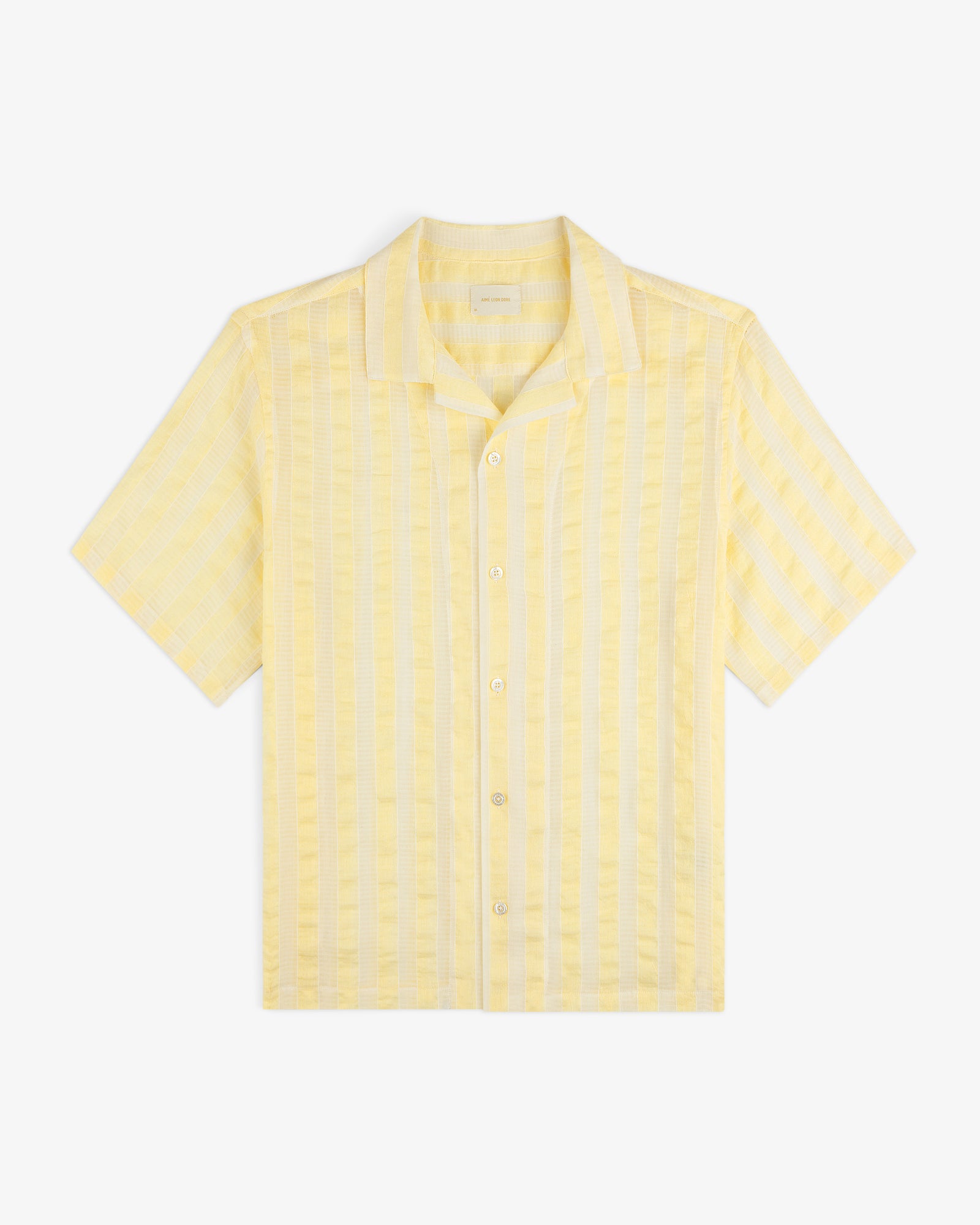 Linen Blend Striped Camp Shirt in yellow with short sleeves and buttons, shown flat on a white background.