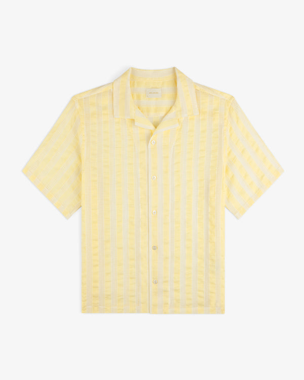 Linen Blend Striped Camp Shirt in yellow with short sleeves and buttons, shown flat on a white background.