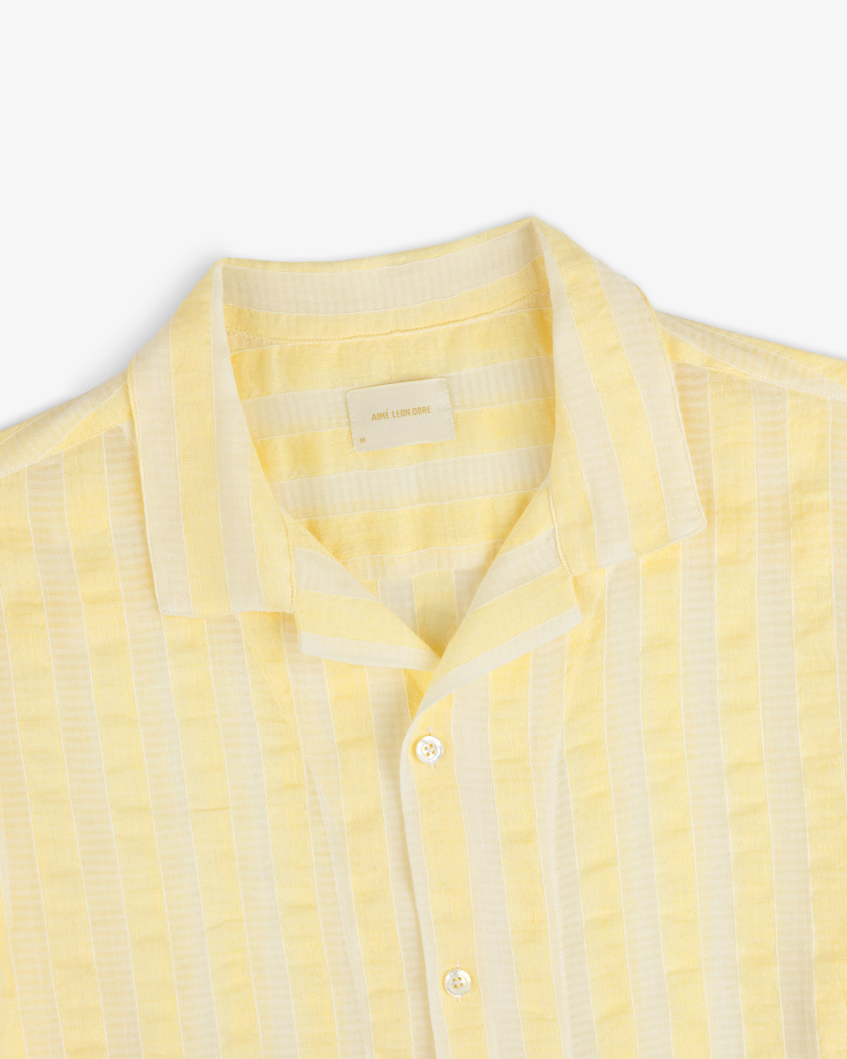 Linen Blend Striped Camp Shirt in yellow and white, button-up with collar, displayed on a white background.