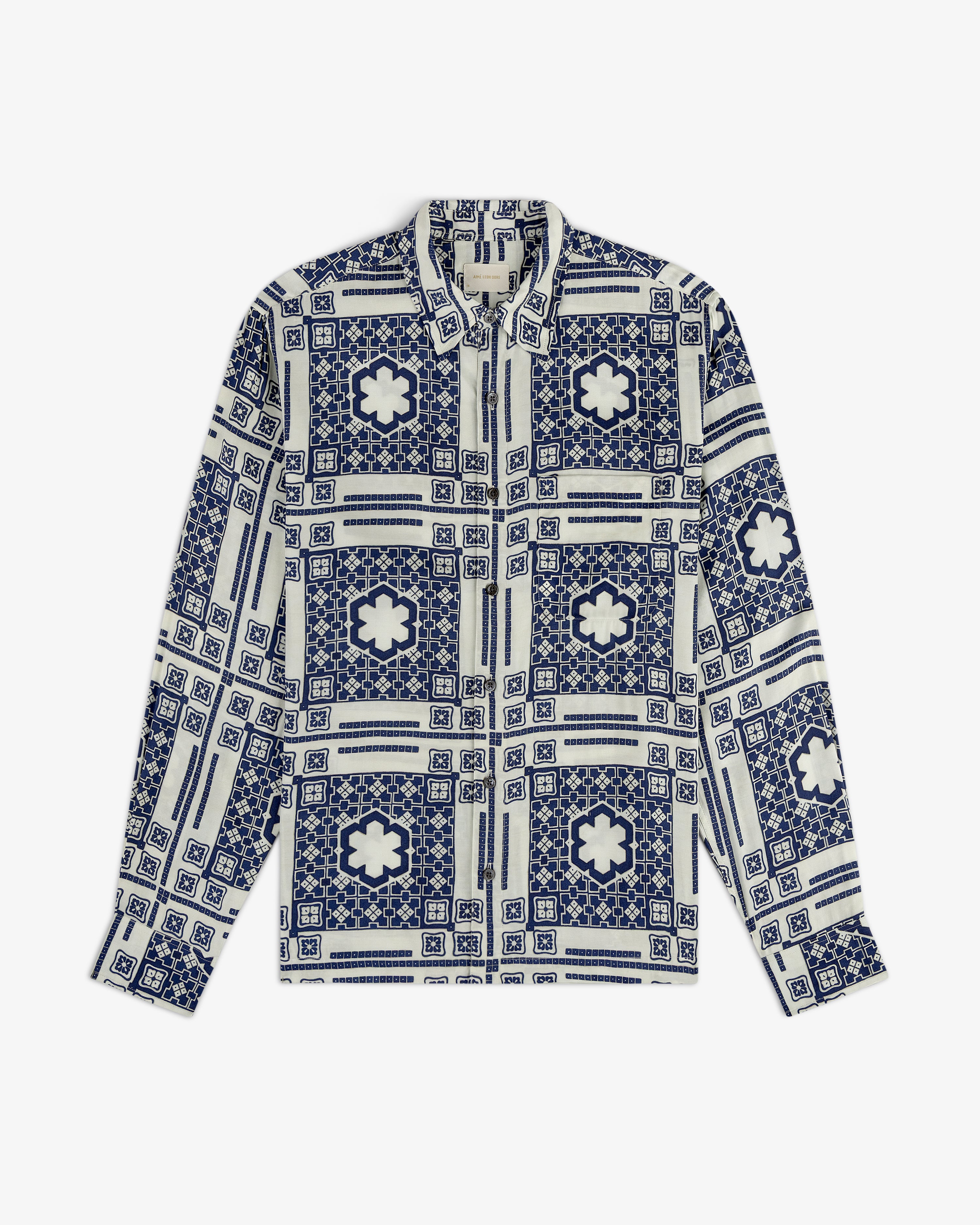 Mosaic Button Down Shirt with blue and white geometric floral tile pattern, laid flat on a white background.
