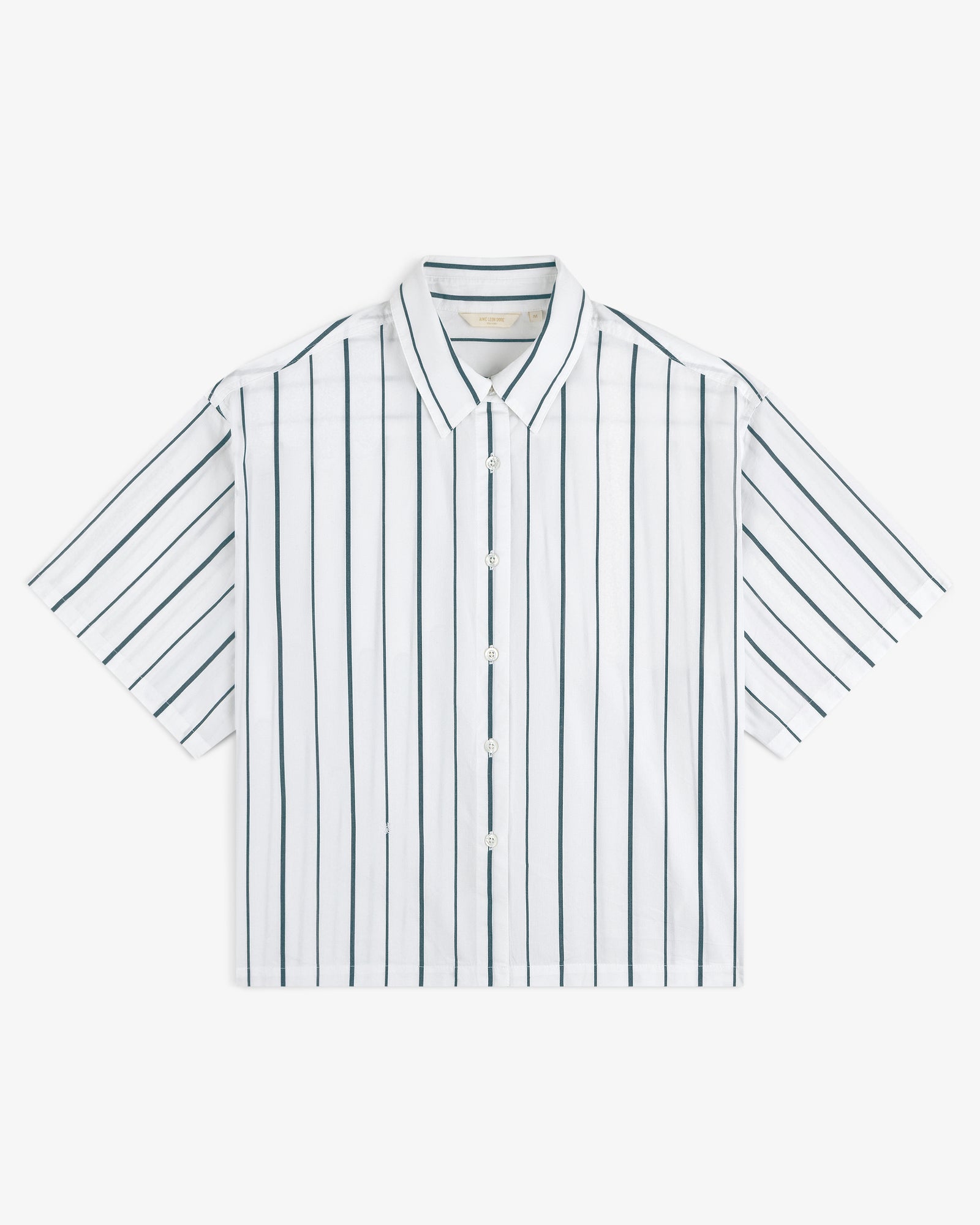 Cropped Poplin Leisure Shirt—white with vertical black stripes, short sleeves, and a collar, shown flat on white.