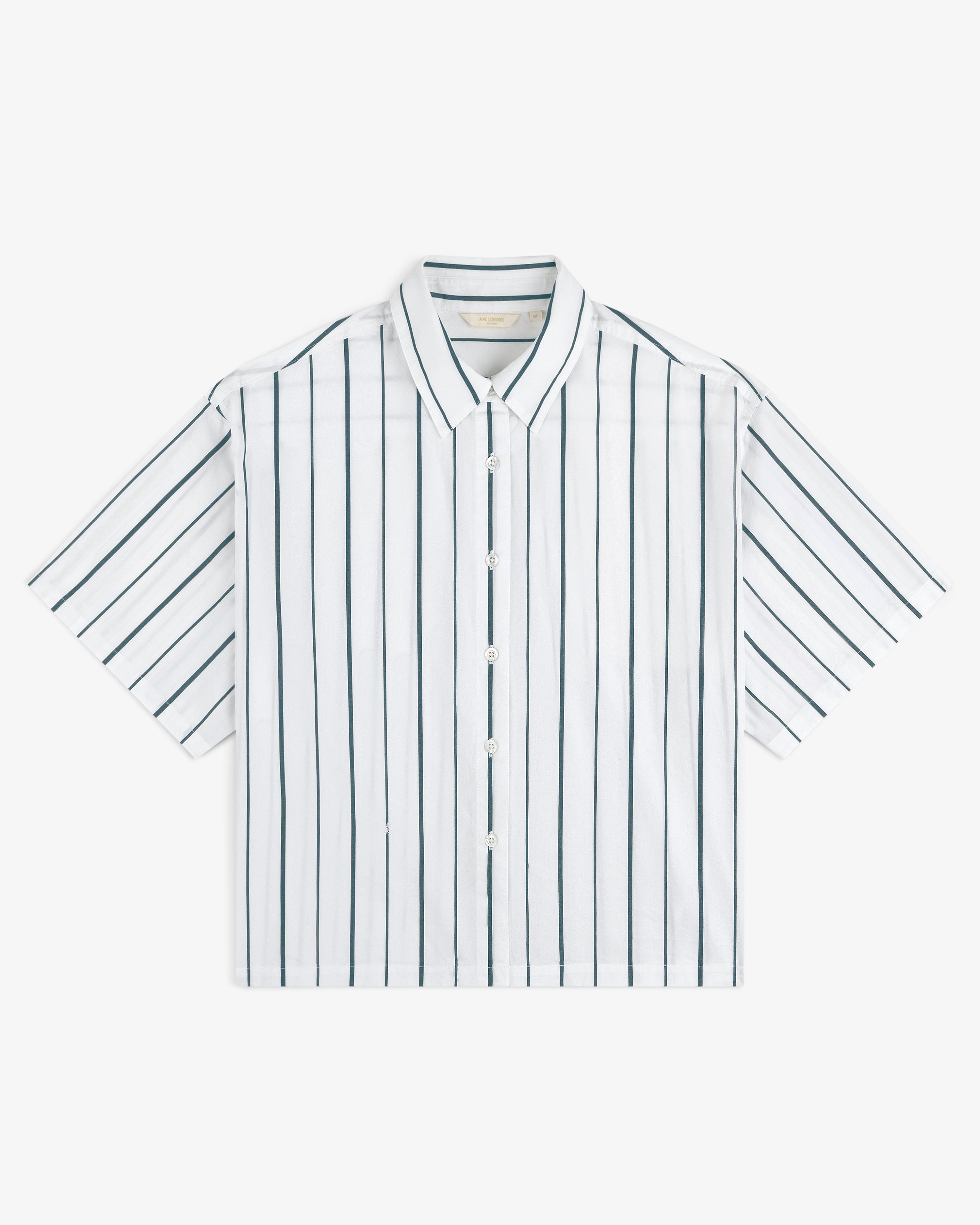 Cropped Poplin Leisure Shirt—white with vertical black stripes, short sleeves, and a collar, shown flat on white.