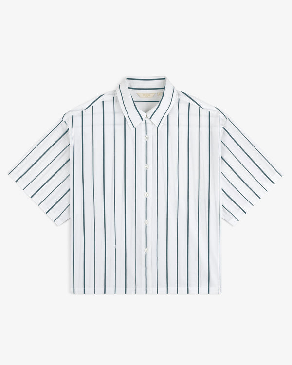 Cropped Poplin Leisure Shirt—white with vertical black stripes, short sleeves, and a collar, shown flat on white.