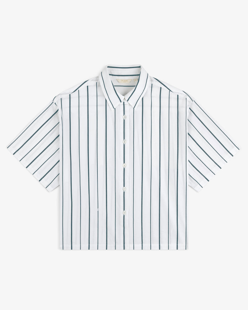 Cropped Poplin Leisure Shirt—white with vertical black stripes, short sleeves, and a collar, shown flat on white.