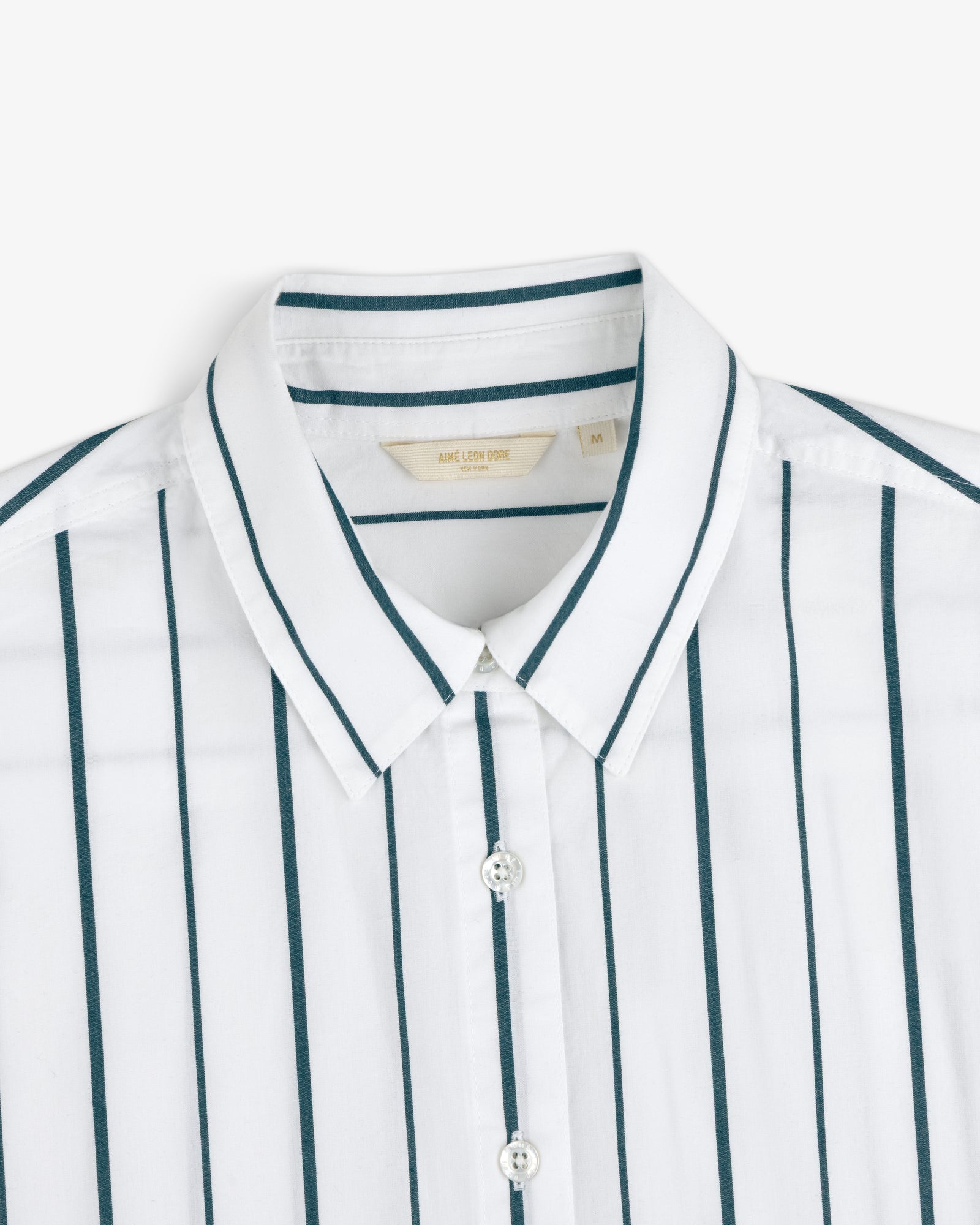 Cropped Poplin Leisure Shirt with dark vertical stripes, buttoned up, shown from chest up on a white background.