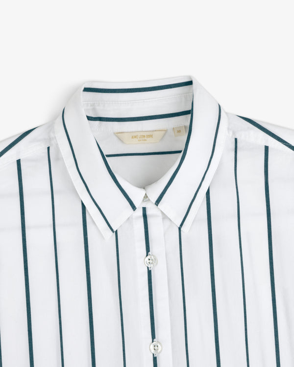 Cropped Poplin Leisure Shirt with dark vertical stripes, buttoned up, shown from chest up on a white background.