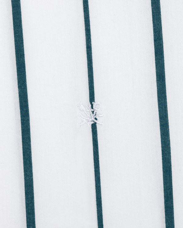Cropped Poplin Leisure Shirt in white with dark vertical stripes and a small white embroidered center design.
