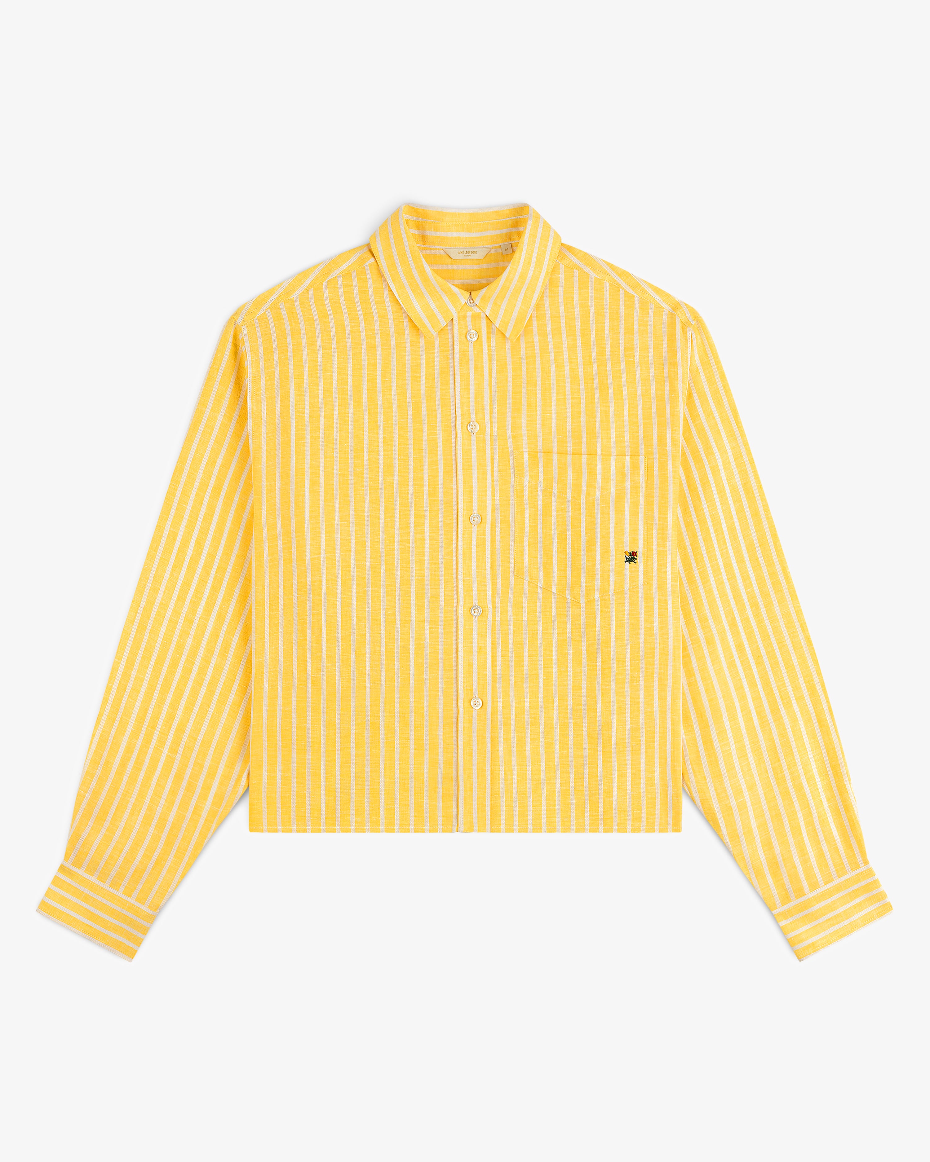 Striped Linen Casual Shirt in yellow and white with long sleeves, front pocket, and button-up closure.