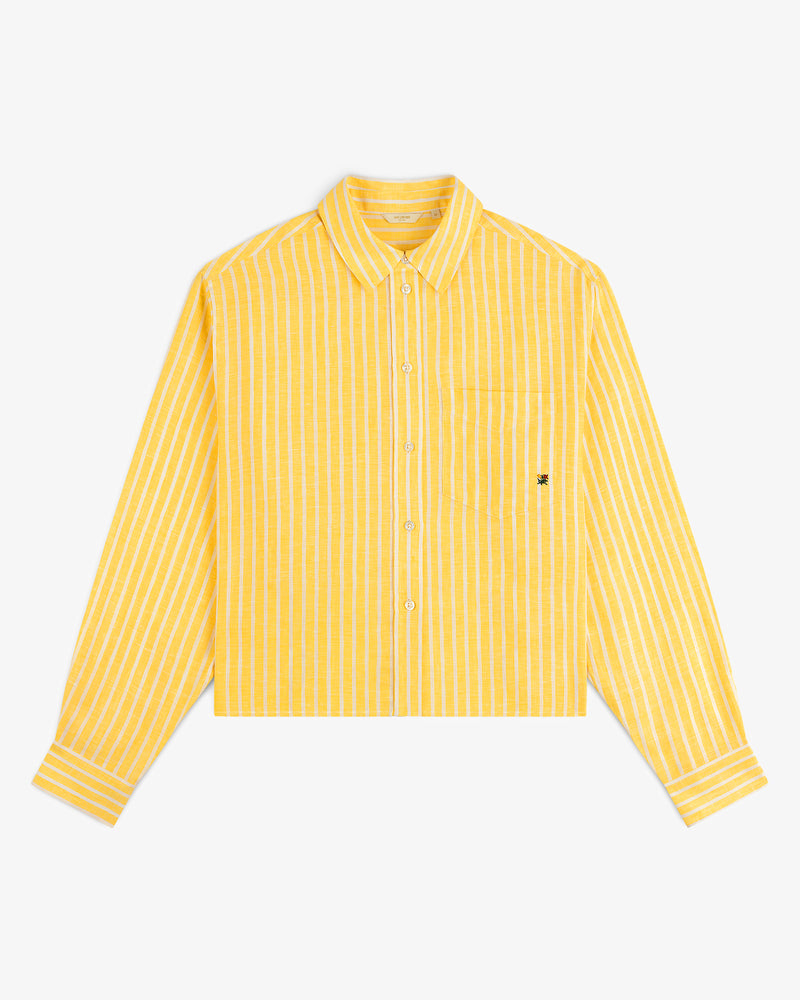 Striped Linen Casual Shirt in yellow and white with long sleeves, front pocket, and button-up closure.
