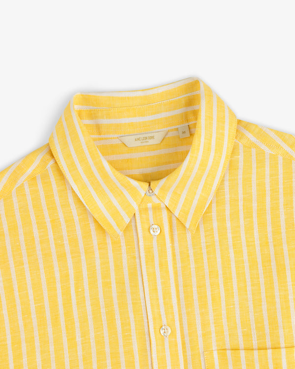 Striped Linen Casual Shirt in yellow and white with a collar, shown from the shoulders up on a white background.