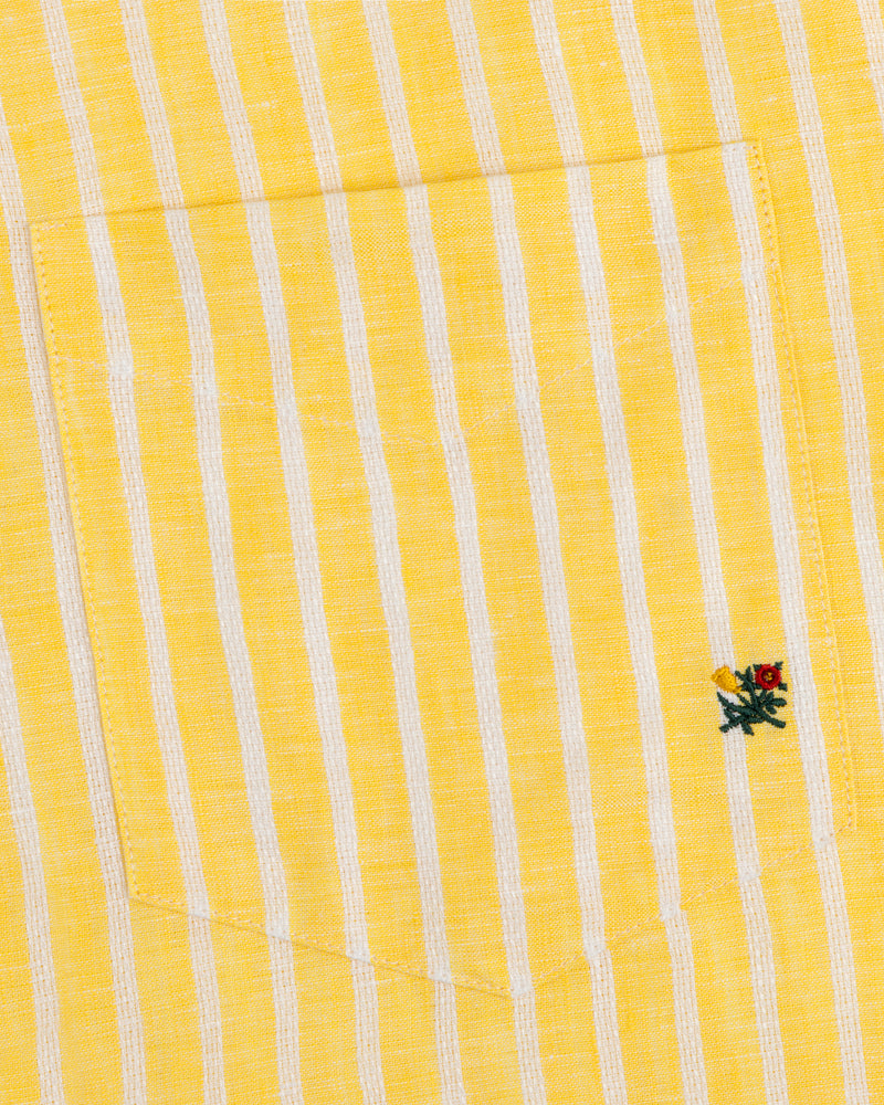 Striped Linen Casual Shirt with yellow and white stripes, pocket, and small embroidered flower near the pocket edge.