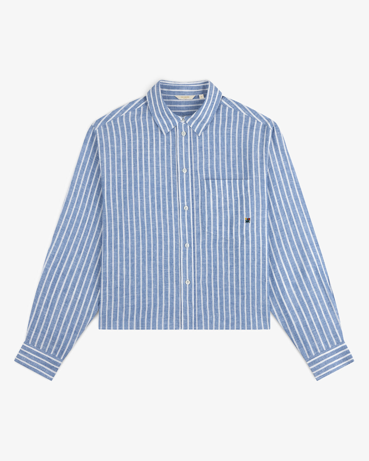 Striped Linen Casual Shirt with blue and white vertical stripes, collar, and chest pocket, shown on a white background.