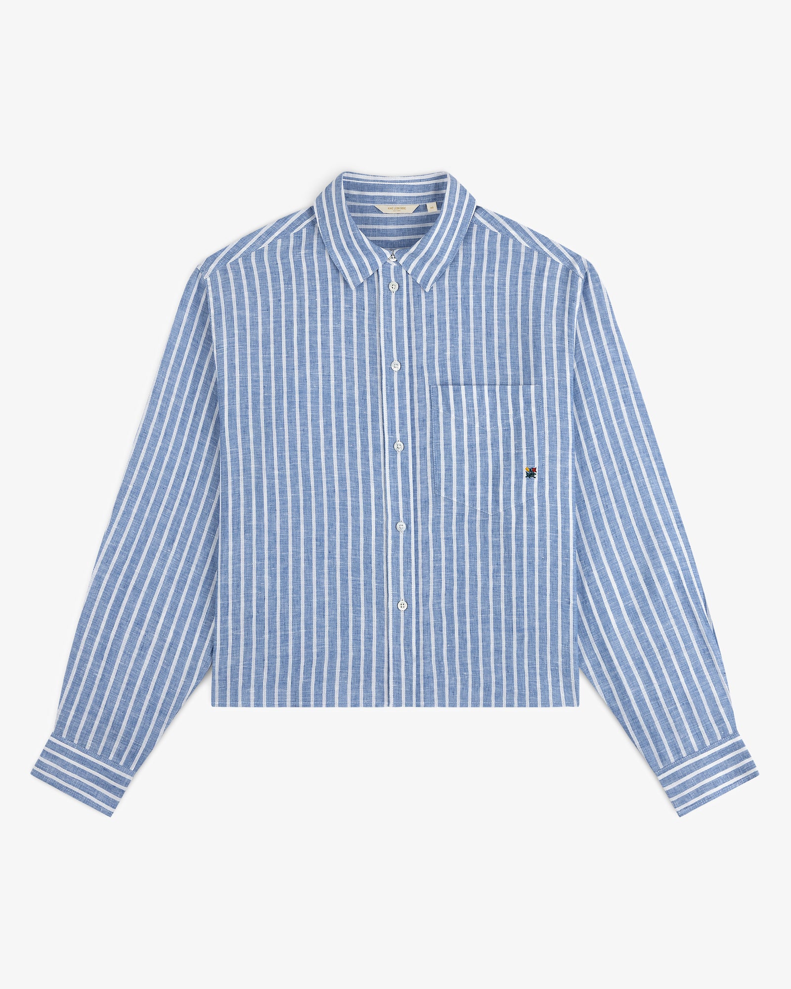 Striped Linen Casual Shirt with blue and white vertical stripes, collar, and chest pocket, shown on a white background.
