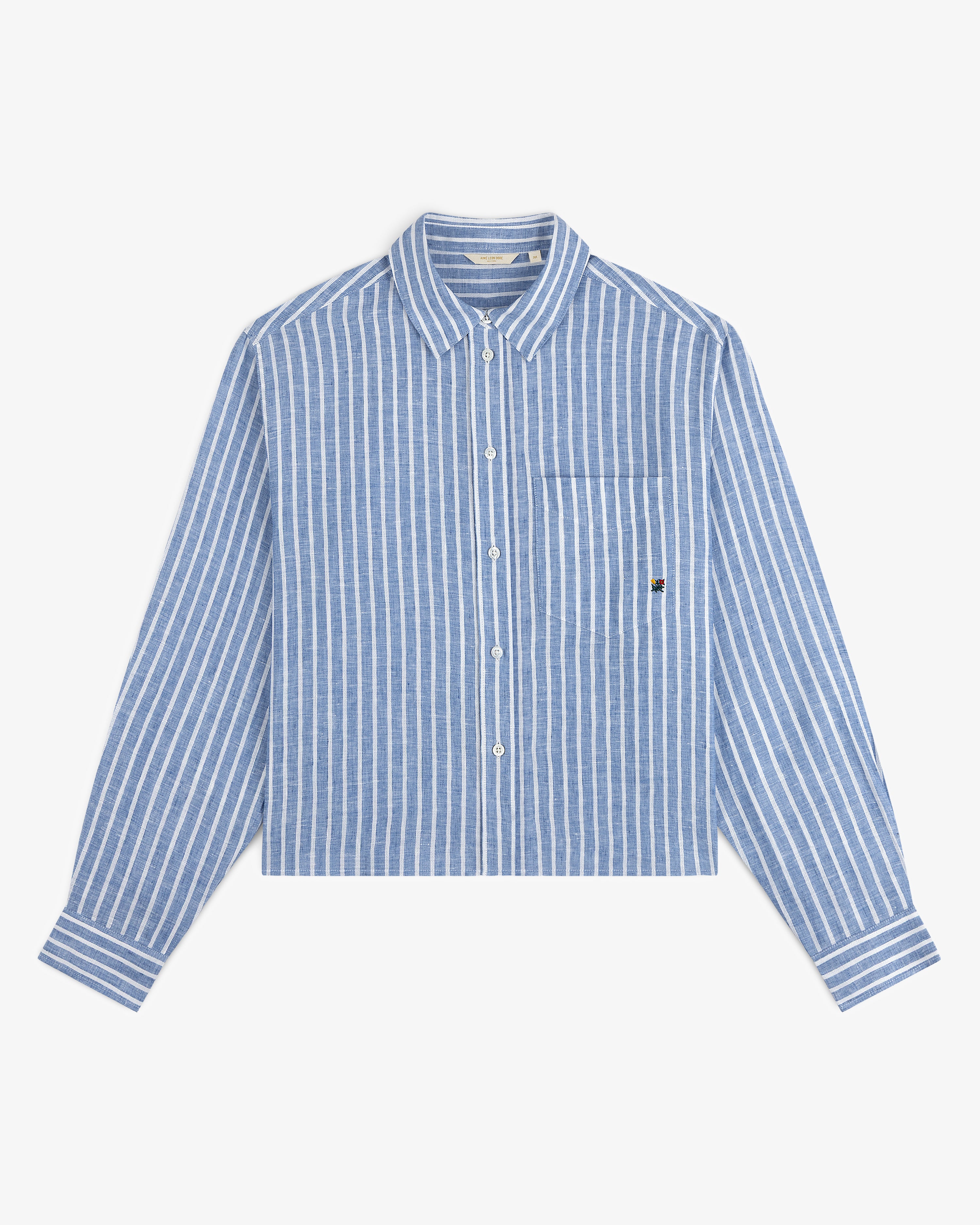 Striped Linen Casual Shirt with blue and white vertical stripes, collar, and chest pocket, shown on a white background.