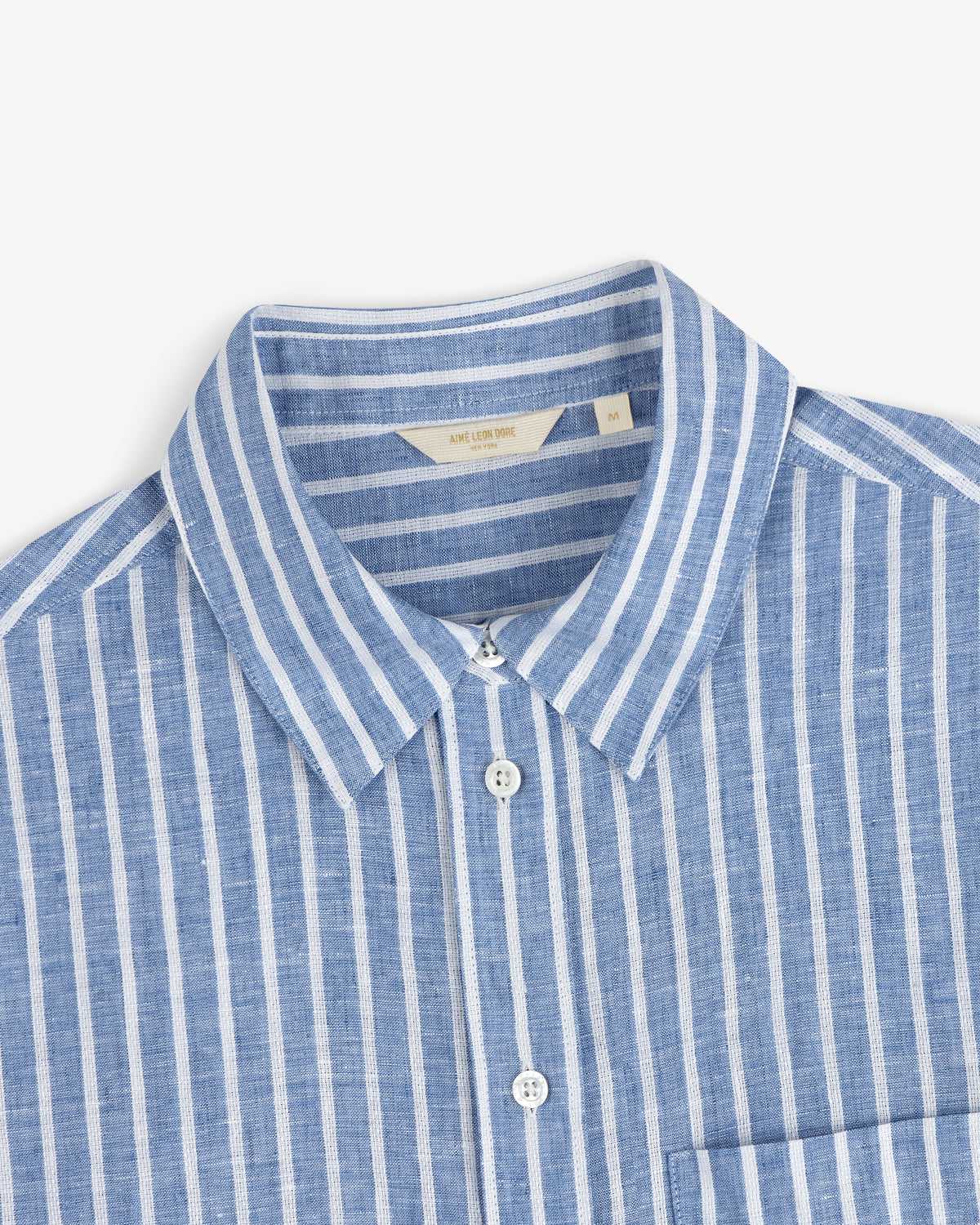 Striped Linen Casual Shirt with blue and white vertical stripes, collared, shown from the front upper view.