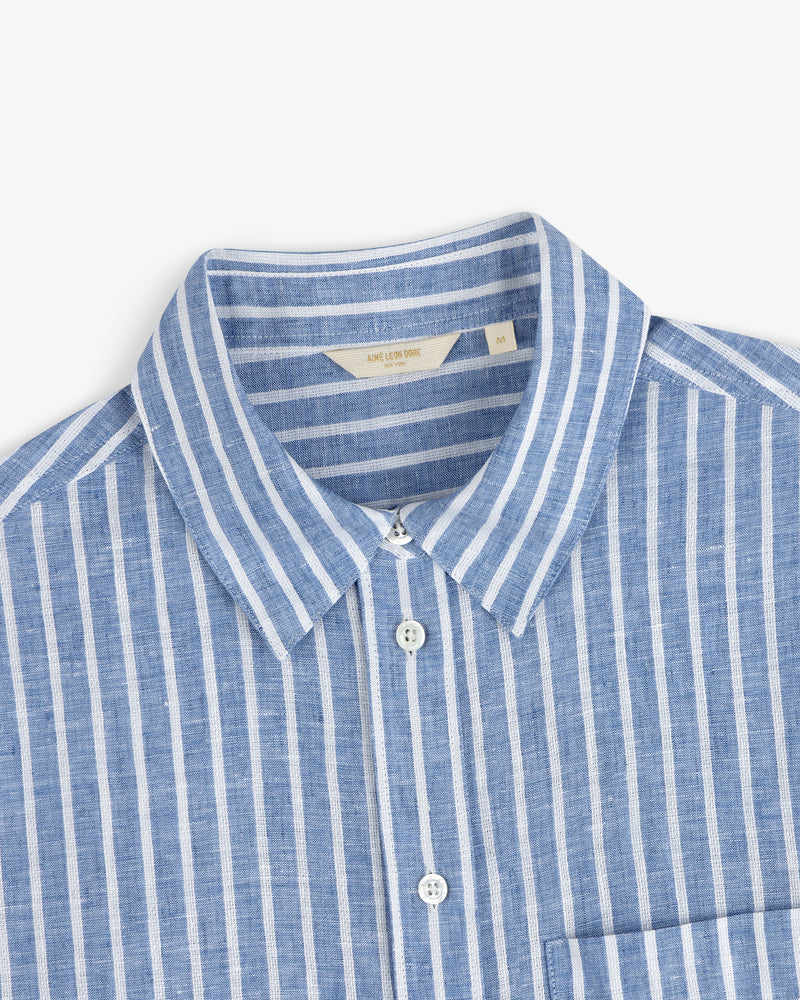 Striped Linen Casual Shirt with blue and white vertical stripes, collared, shown from the front upper view.