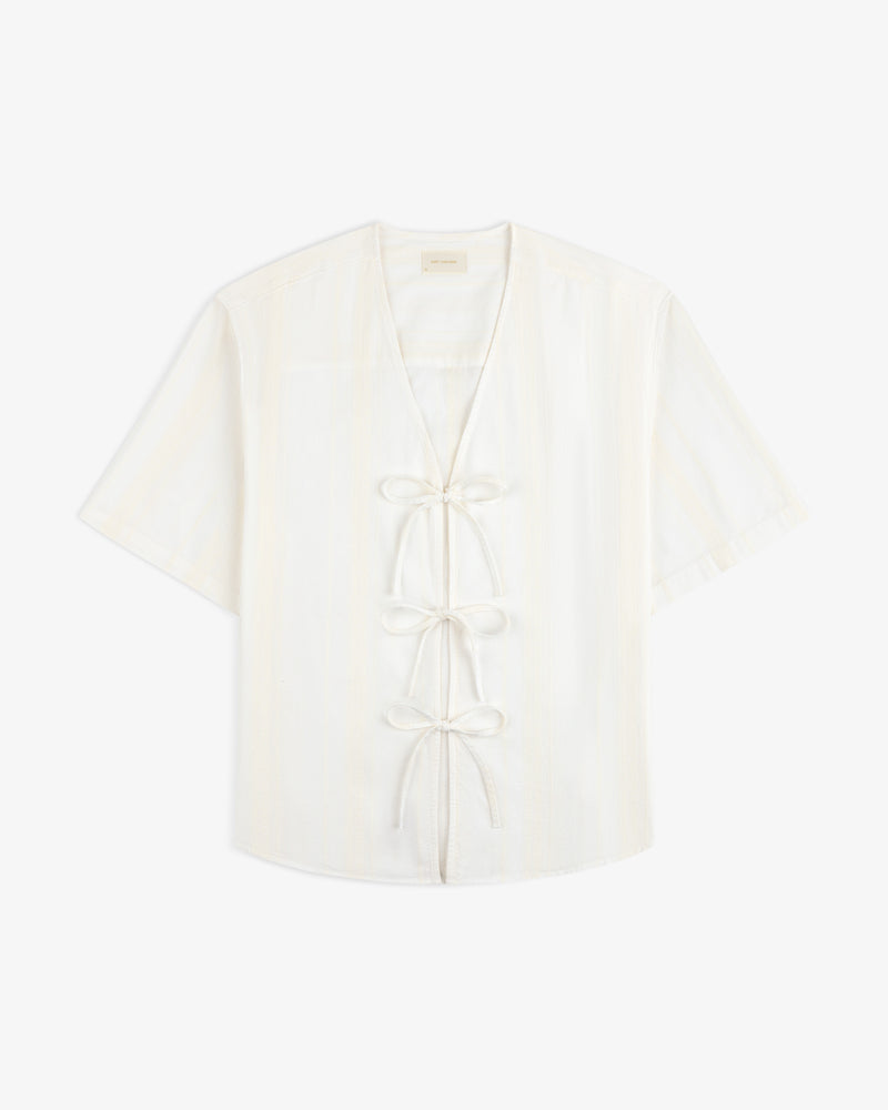 Jacquard Striped Tie-Front Shirt with short sleeves, V-neck, and three front ties, shown on a white background.