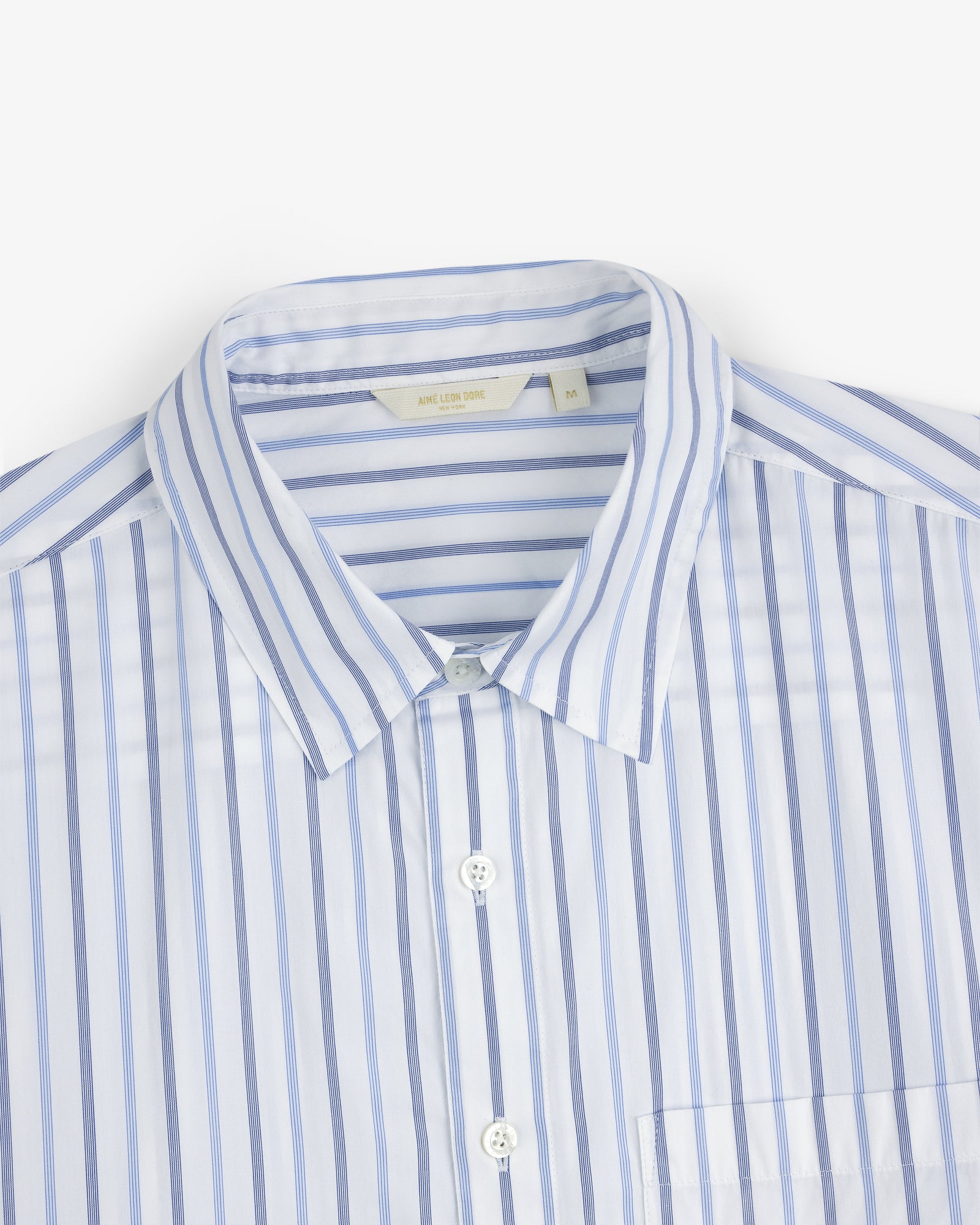 The Poplin Casual Shirt in blue and white vertical stripes, button-up with collar, shown chest up on white background.