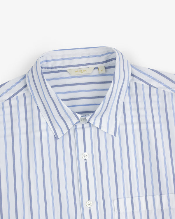 The Poplin Casual Shirt in blue and white vertical stripes, button-up with collar, shown chest up on white background.