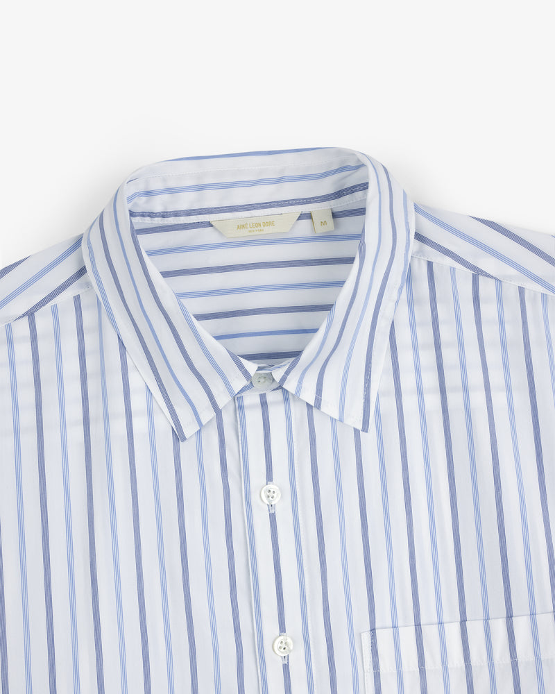 The Poplin Casual Shirt in blue and white vertical stripes, button-up with collar, shown chest up on white background.