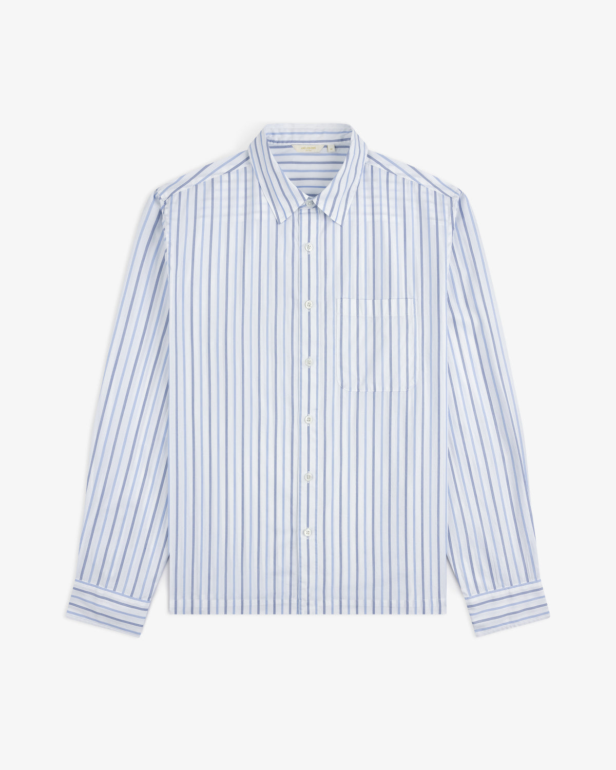 Poplin Casual Shirt: light blue & white vertical stripes, long sleeves, front pocket, laid flat on white background.