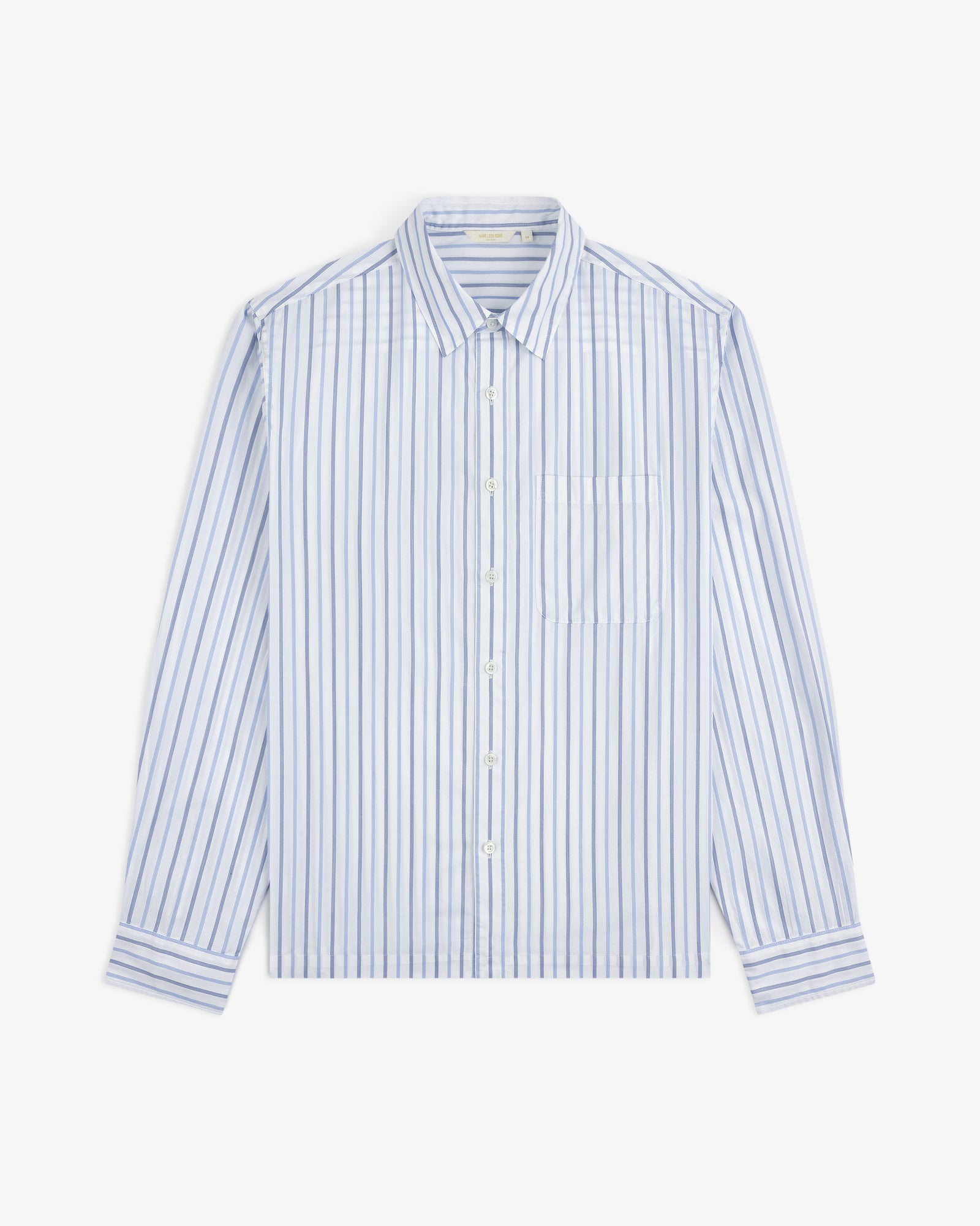 Poplin Casual Shirt: light blue & white vertical stripes, long sleeves, front pocket, laid flat on white background.