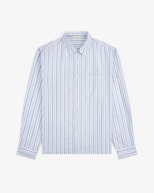 Poplin Casual Shirt: light blue & white vertical stripes, long sleeves, front pocket, laid flat on white background.