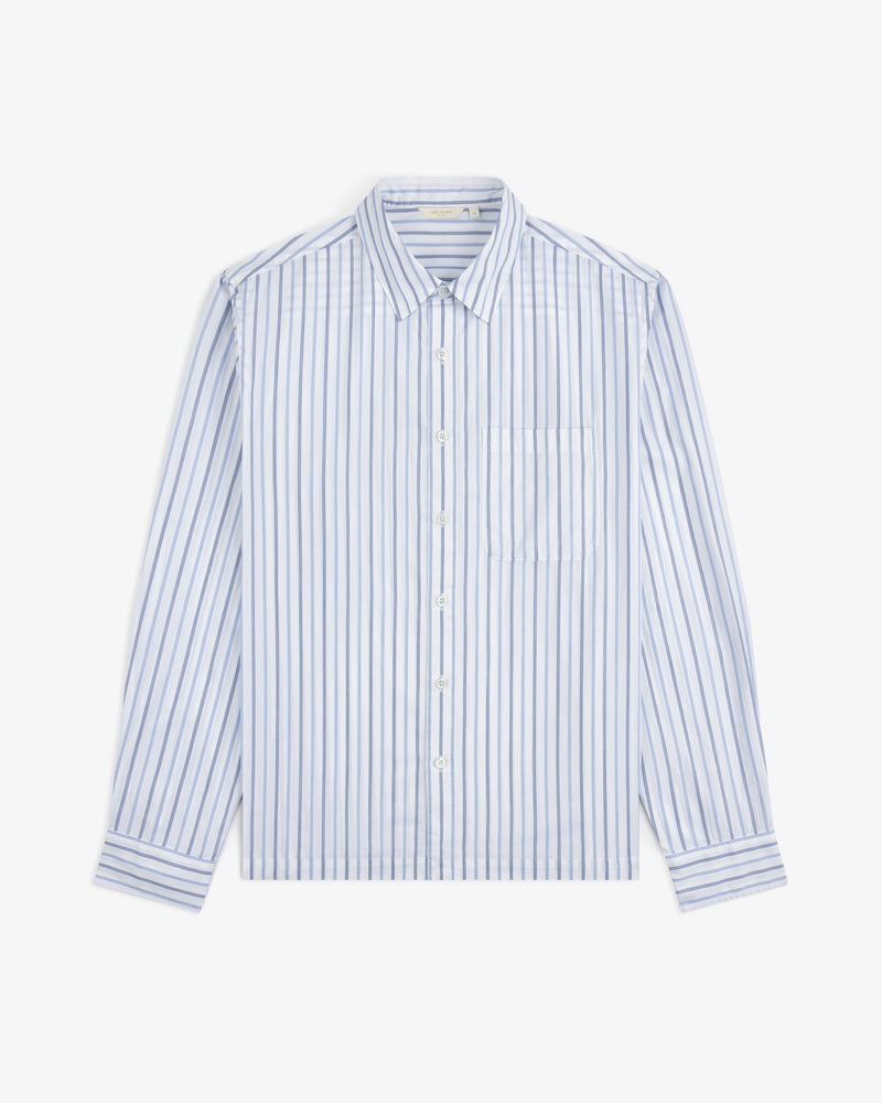 Poplin Casual Shirt: light blue & white vertical stripes, long sleeves, front pocket, laid flat on white background.