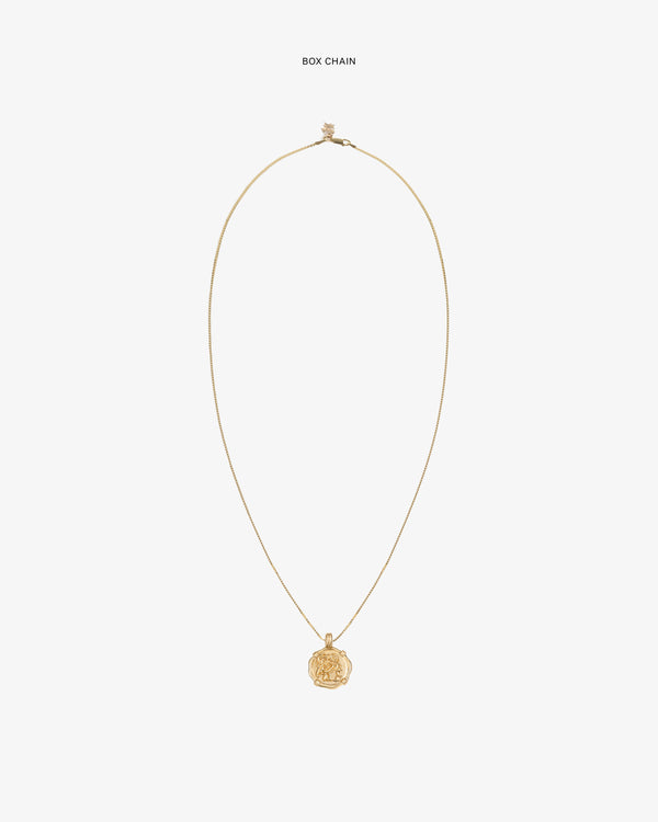 14Kt Gold Coin Pendant on a thin gold box chain, shown against a plain white background.