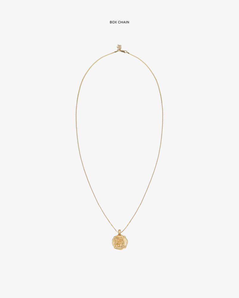 14Kt Gold Coin Pendant on a thin gold box chain, shown against a plain white background.