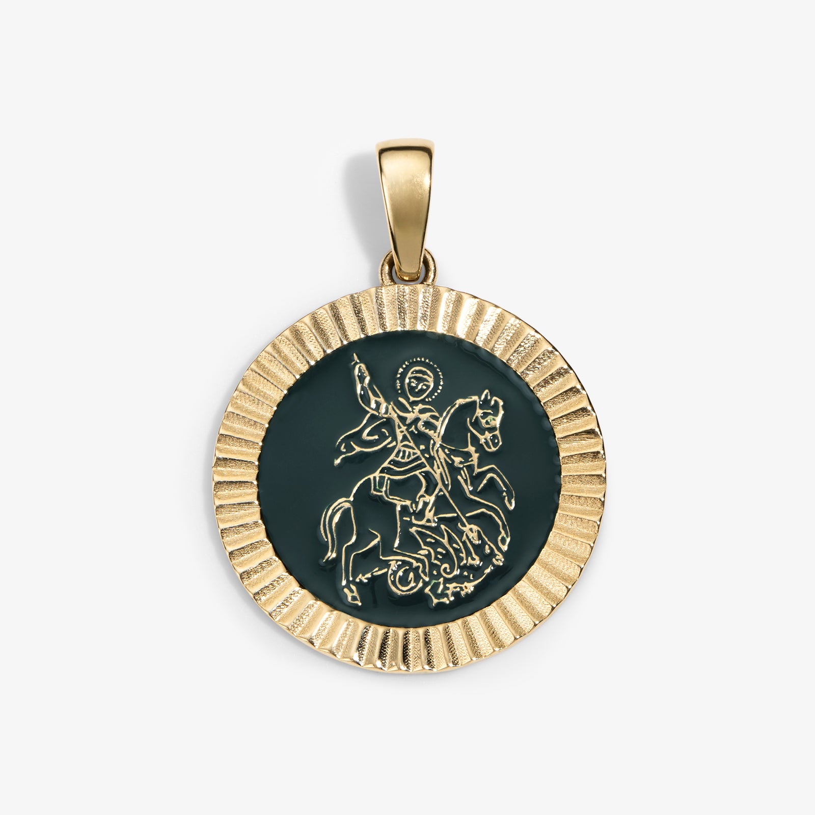 14Kt Gold Saint George Coin Pendant featuring a raised horseback figure on dark green with a ridged border.