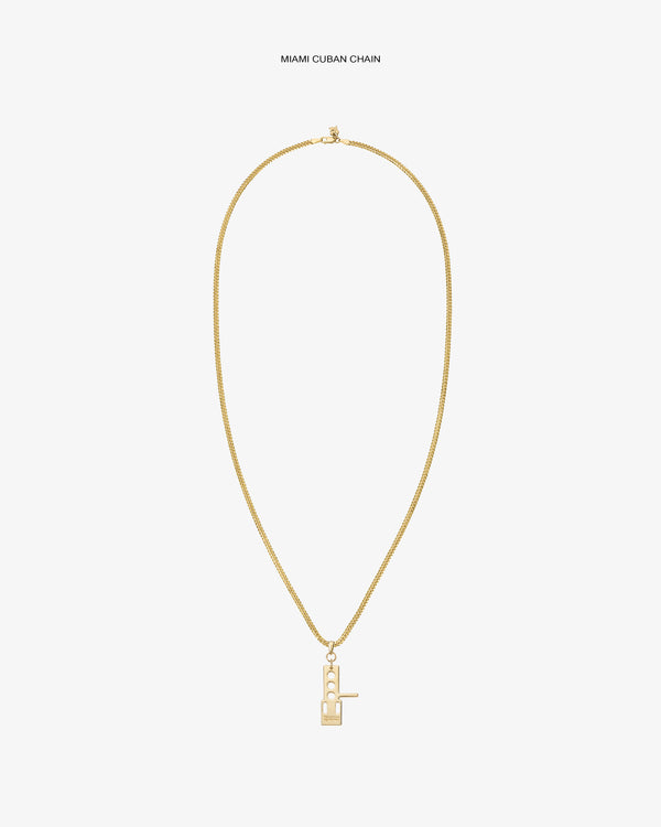 ALD / Technics 14Kt Gold Pendant on a Miami Cuban chain, featuring a lowercase "g" on a plain white background.