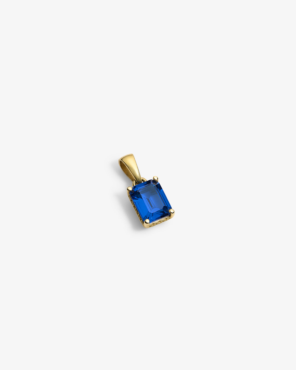14Kt Gold Gemstone Pendant featuring a rectangular blue stone in a prong setting, shown on a white background.