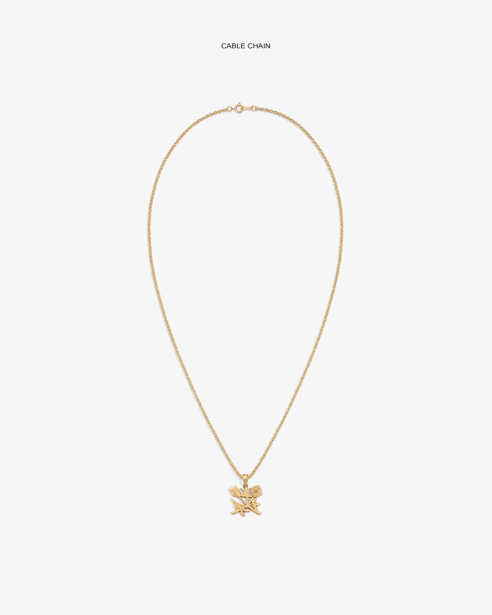 14Kt Gold Pendant necklace with leaf and rose design, shown on a white background.