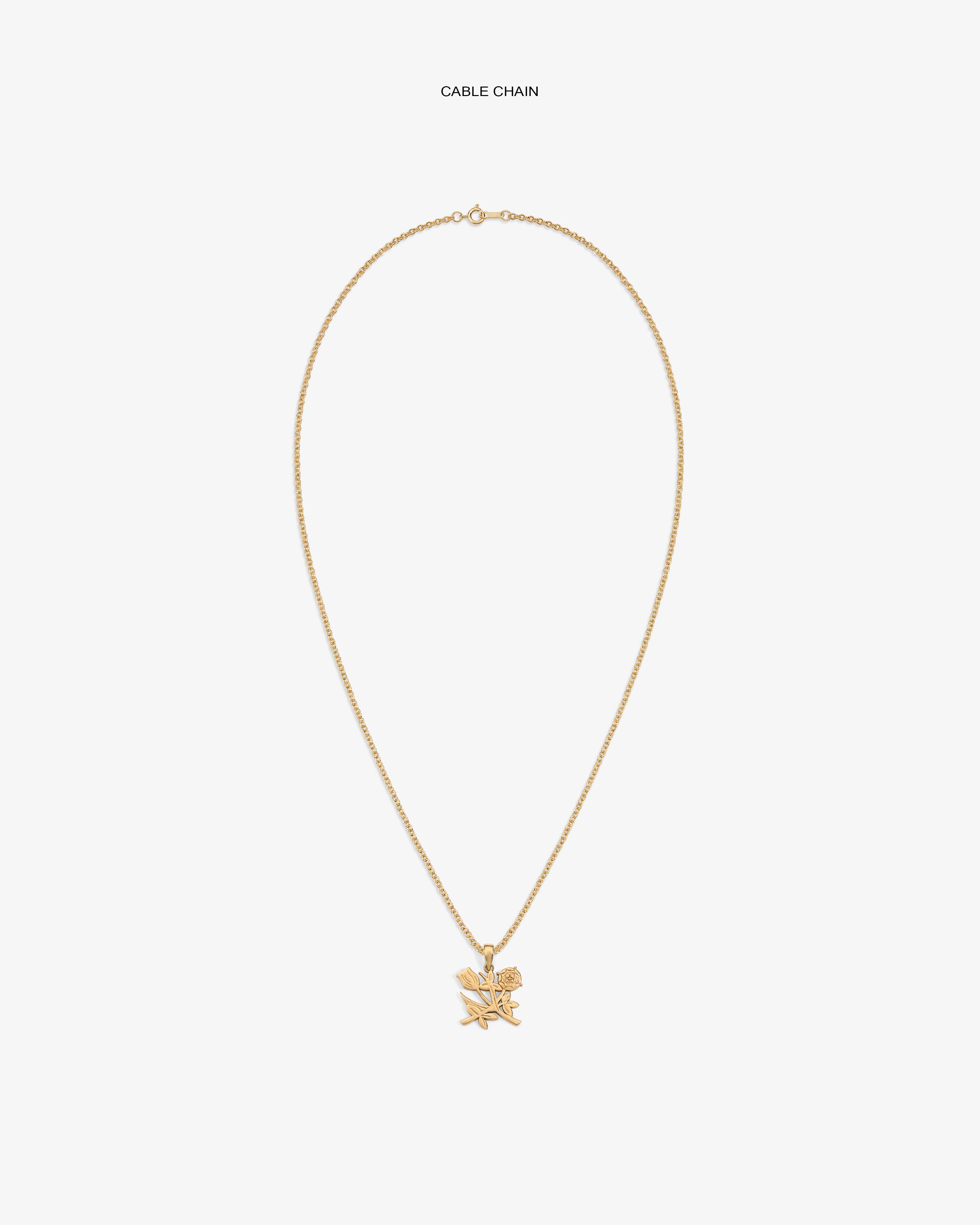 14Kt Gold Pendant necklace with leaf and rose design, shown on a white background.