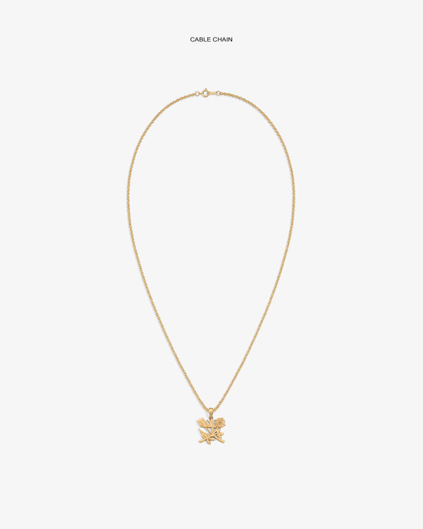 14Kt Gold Pendant necklace with leaf and rose design, shown on a white background.