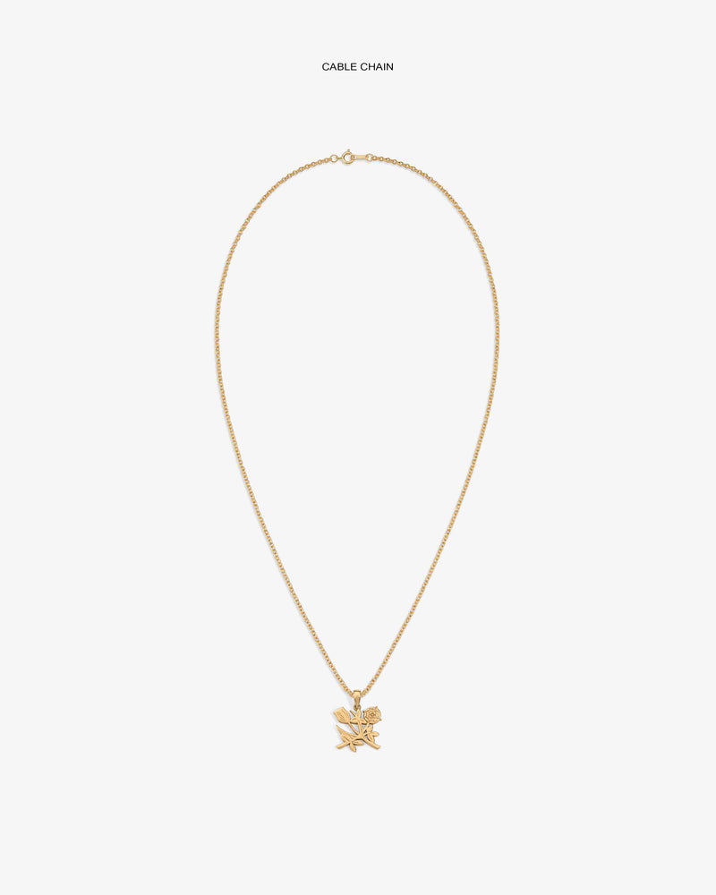 14Kt Gold Pendant necklace with leaf and rose design, shown on a white background.
