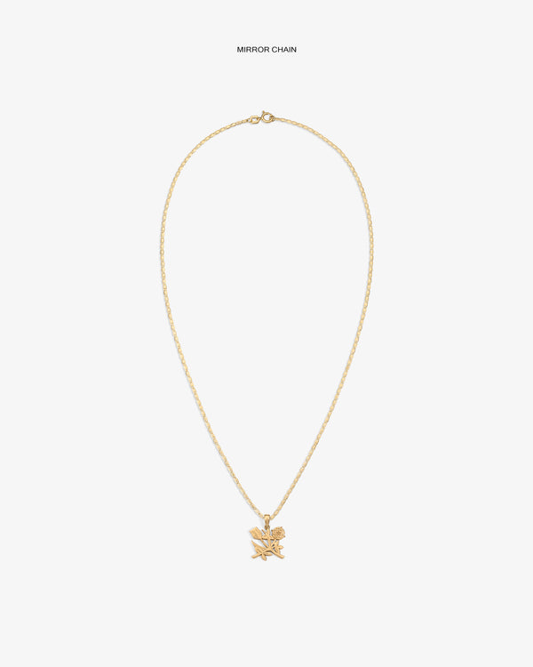 14Kt Gold Pendant with two small star and rose charms shown against a plain white background.