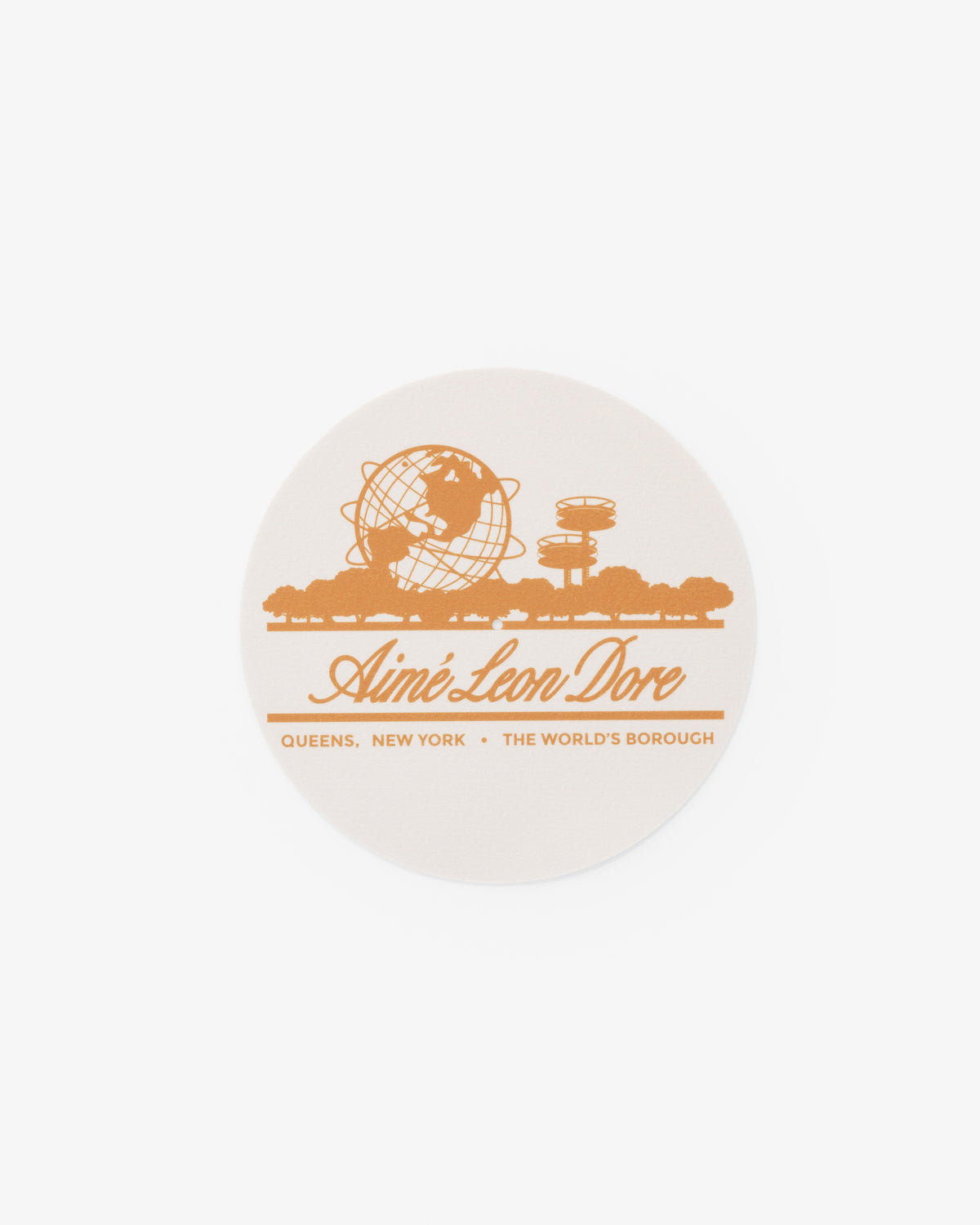 Unisphere Slip Mats with orange Aimé Leon Dore text and Queens, NY landmarks on a white background.